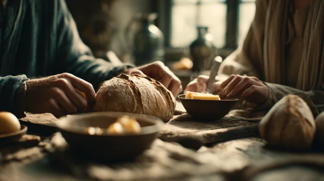 Warm Bread Slicing Soft Light Rustic Scene