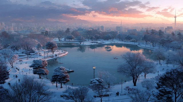 Seokchon Lake Seoul Winter Watercolor Painting