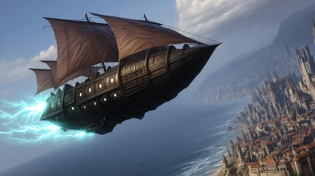 Fantasy Airship Soaring Over a Coastal City