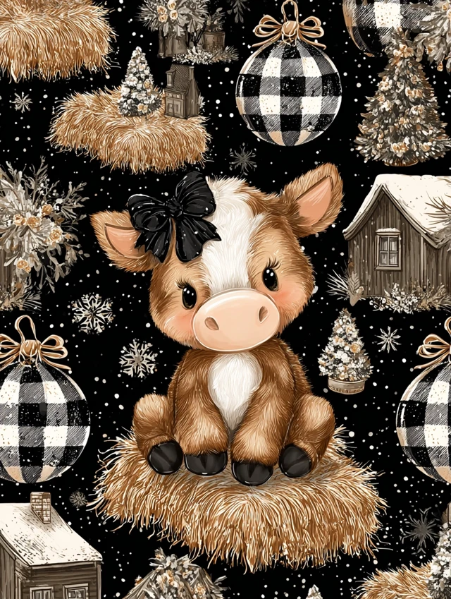 Cute Christmas Cow Illustration Festive Holiday Decor