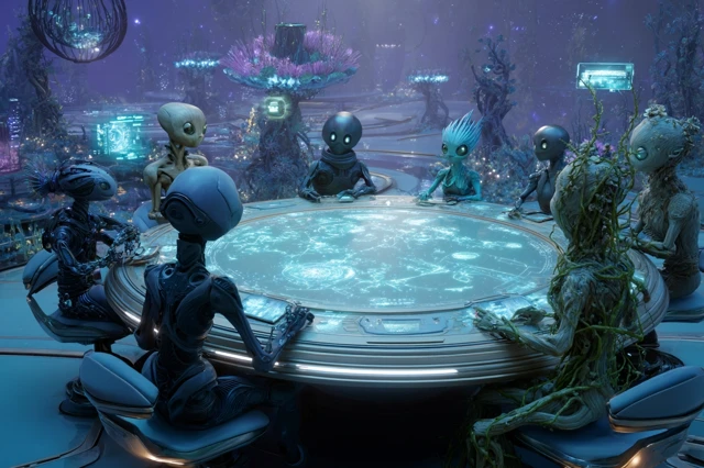Cosmic Alien Meeting Futuristic SciFi 3D Scene