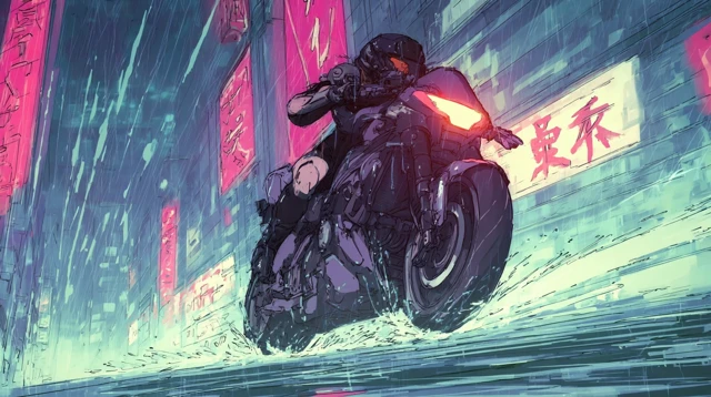 Cyberpunk Motorcycle Chase in Tokyo Anime Style