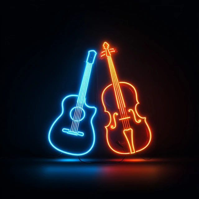 Neon Guitar Cello Art Black Background