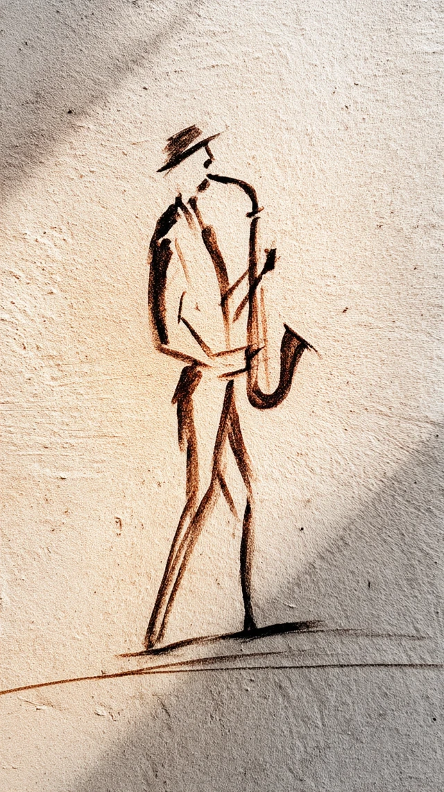 Minimalist Saxophone Player in Paris Silhouette Drawing