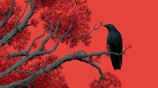 Black Bird in Red Tree Nature Photography