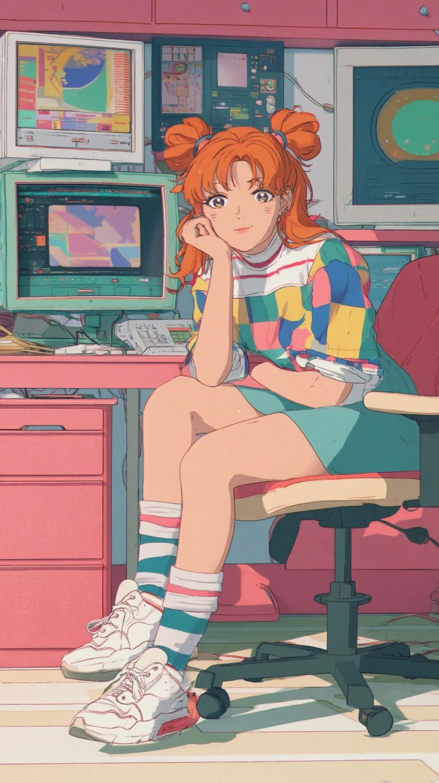 90s Anime Girl with Pigtails and Striped Socks