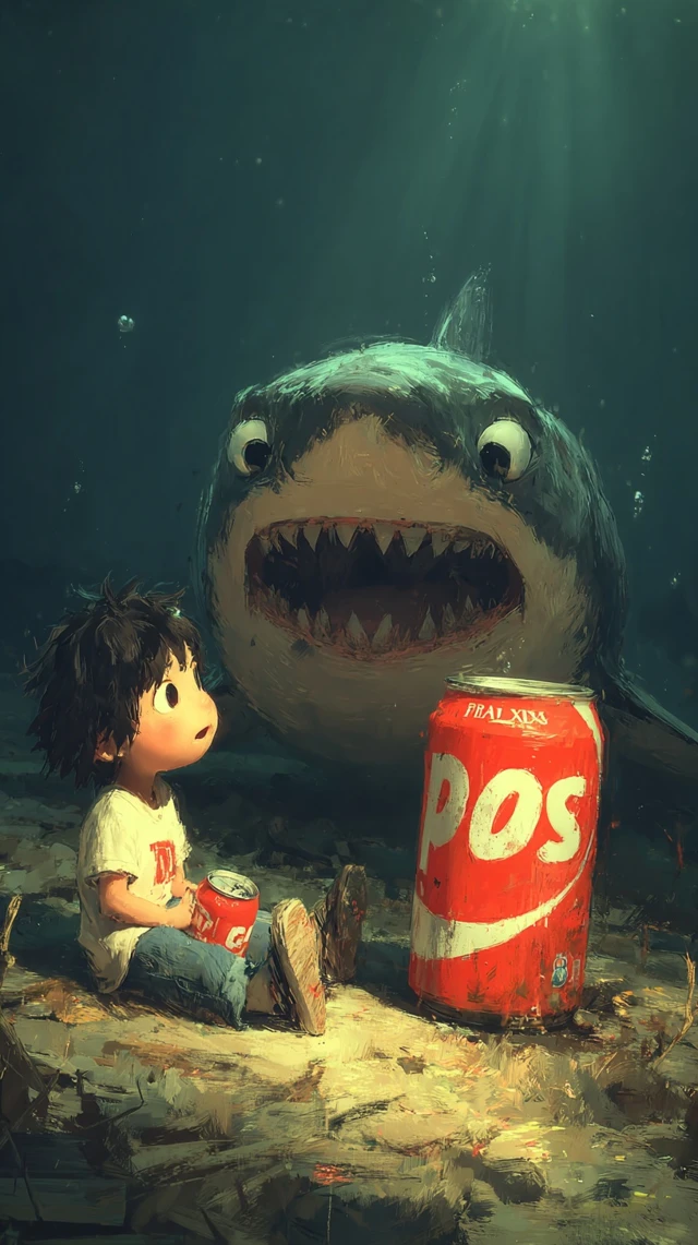 Cartoon Shark Boy and Soda Can in Ocean