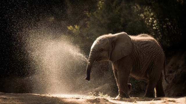 Baby Elephant Spraying Water Photography