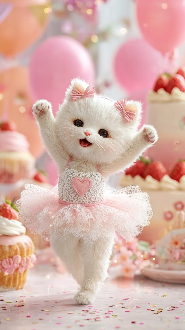 Adorable Dancing Cat in Pink Tutu Joyful Scene