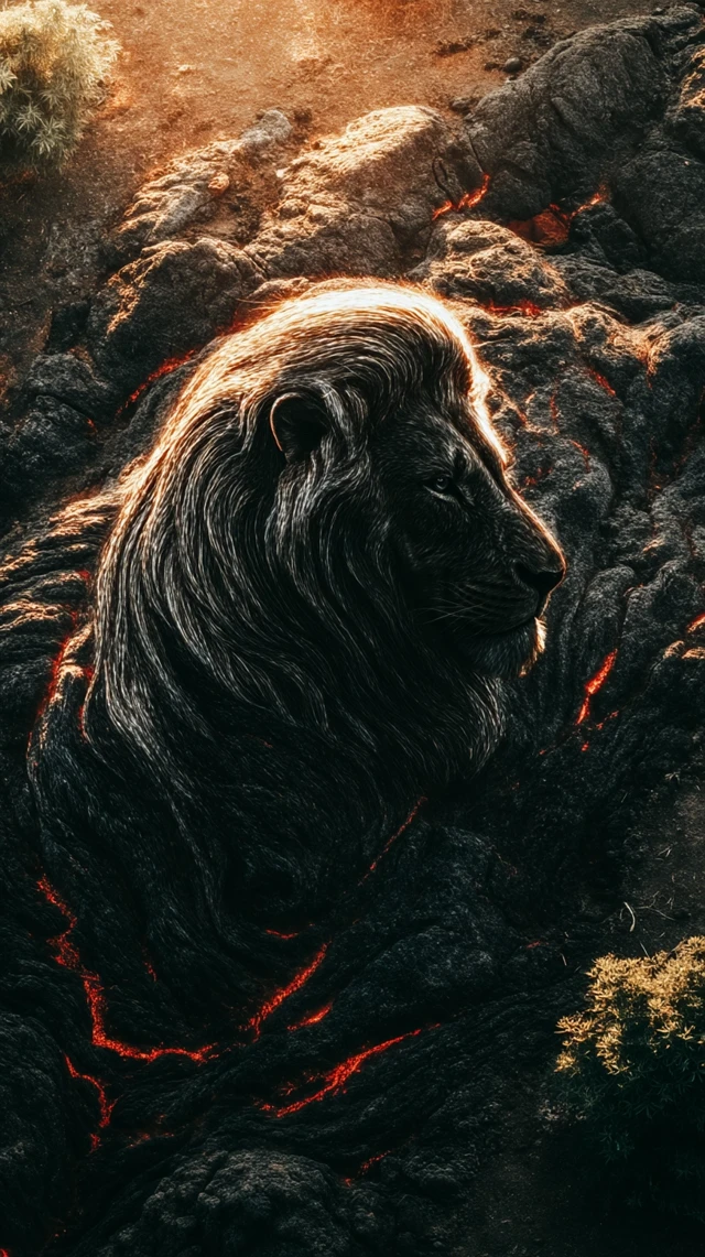 Majestic Lion Emerging from Shadowy Landscape
