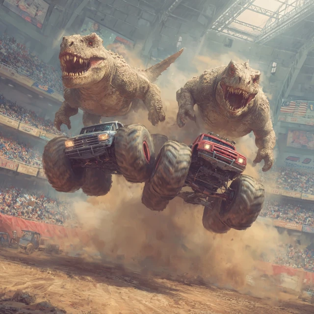 Dinosaurs vs Monster Trucks in Monster Jam Arena