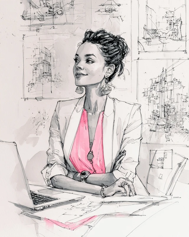 Architect Woman Black and White Sketch Watercolor