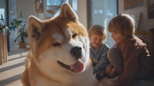 Akita Inu Dog with Children Cozy Home Scene