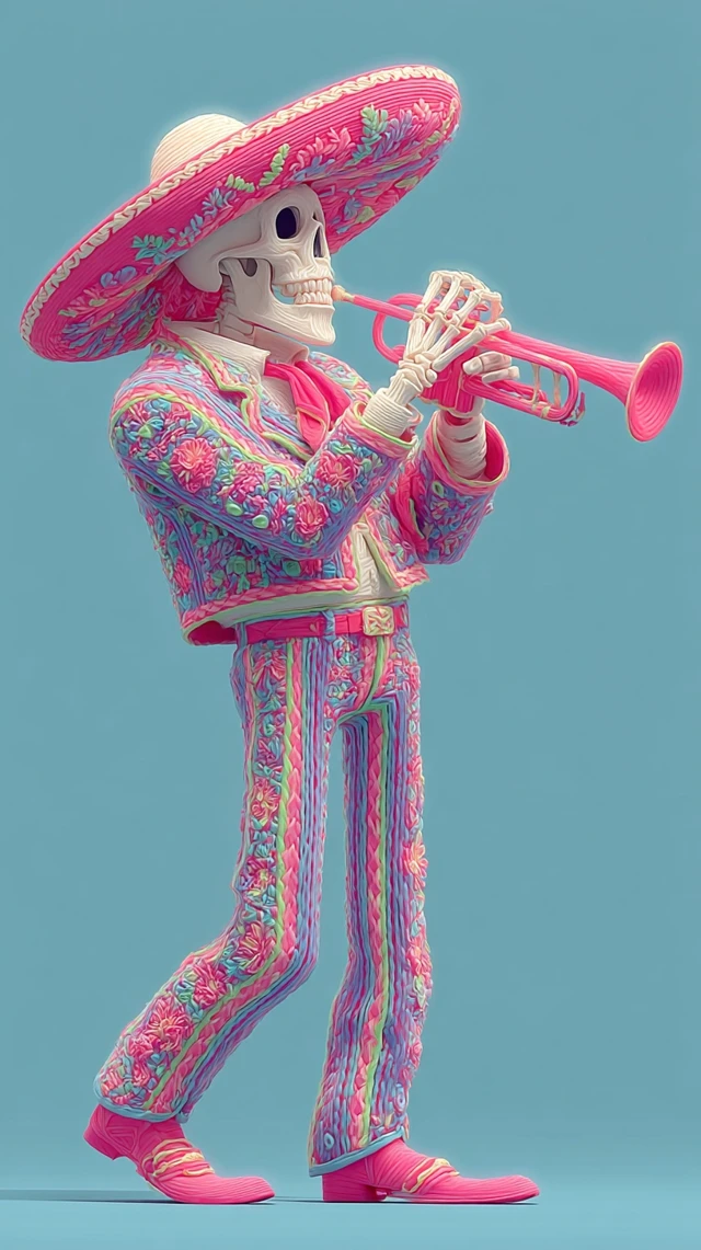 Mexican Skull Mariachi Trumpet 3D Art