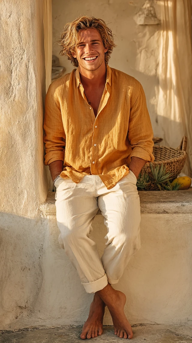 Handsome Man on Terrace Golden Light Smiling