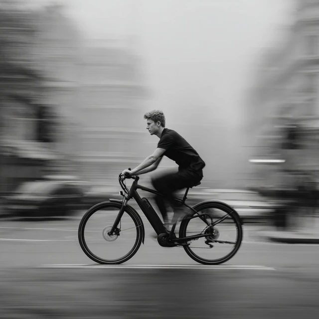 Ebike in the City Young Man Riding Fast Black and White