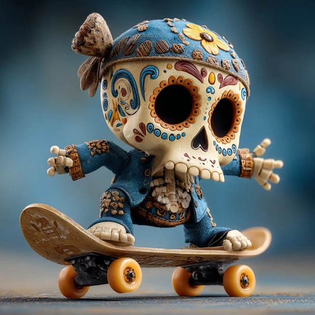 3D Mexican Skull Skateboarder Dia de los Muertos