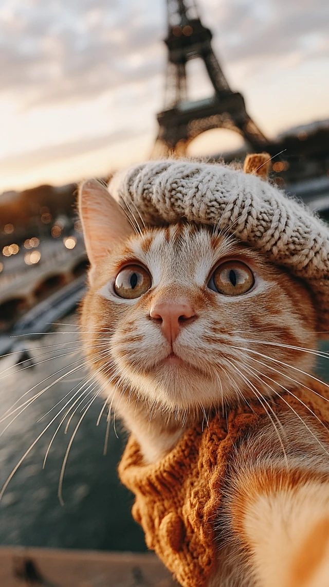 Cat in Paris Selfie Eiffel Tower