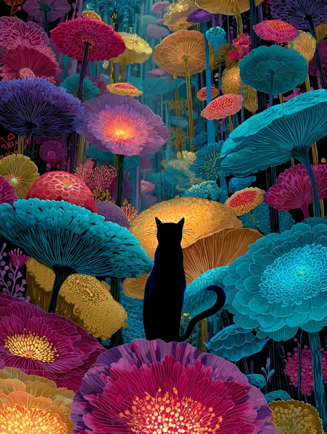 Cat in Glowing Flower Field Fantasy Art