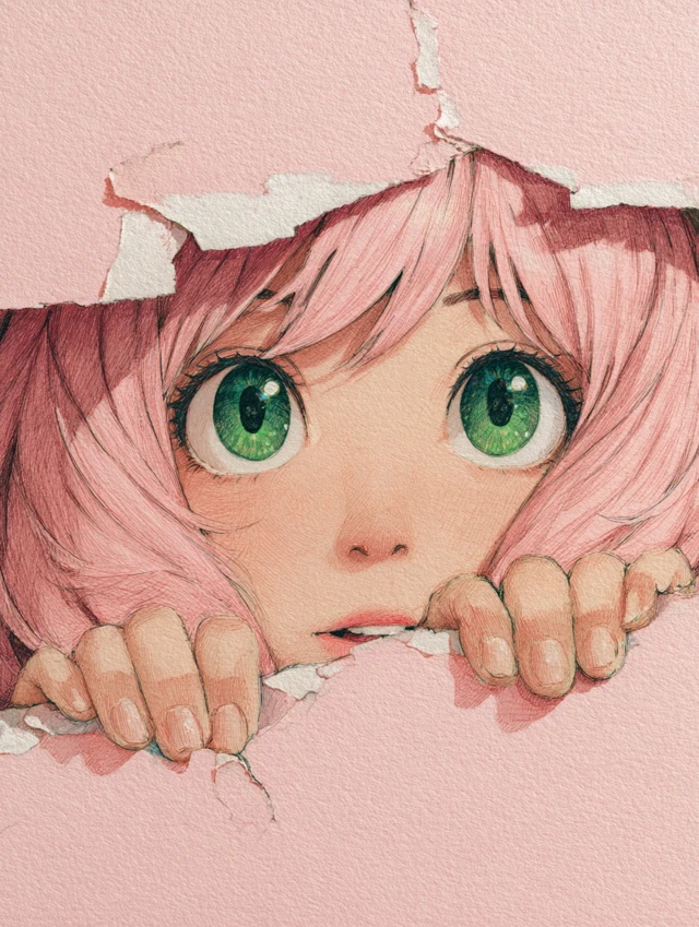 Anya Spy Family Peeking Through Paper Colored Pencil Drawing