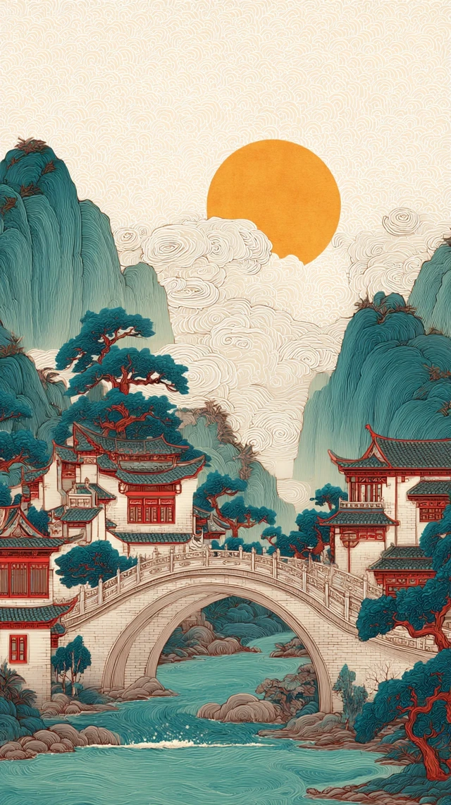 Chinese Landscape Art: Bridge, Mountains, and Houses