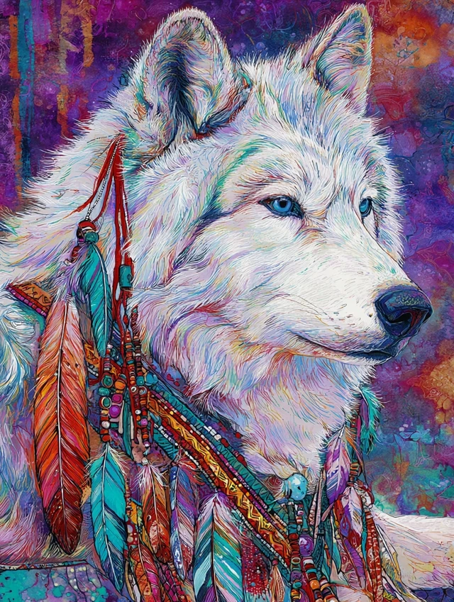 White Wolf in Native American Attire Art