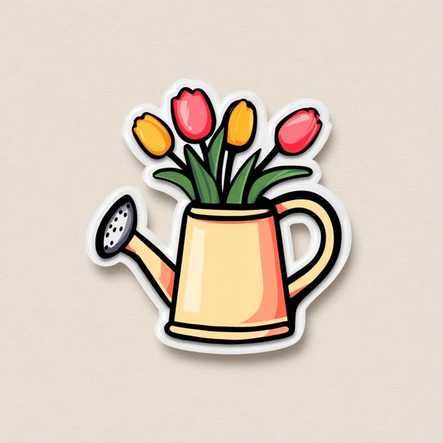 Cute Watering Can with Tulips Vector Sticker
