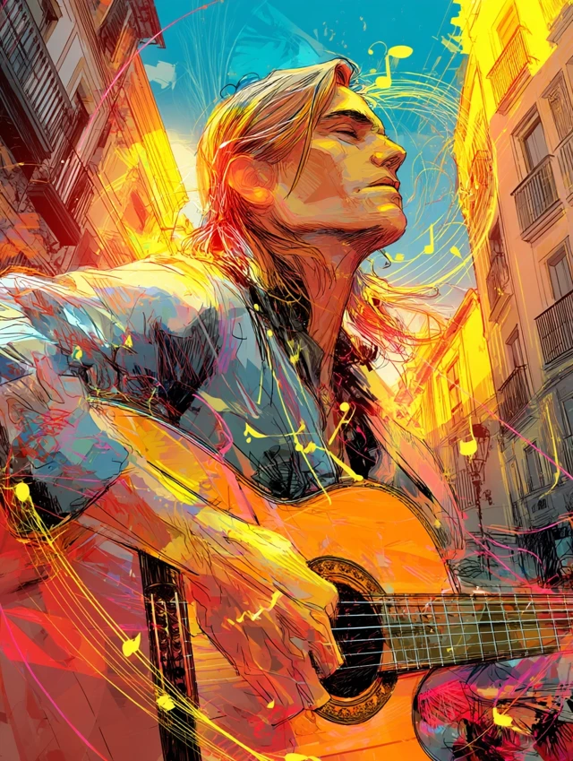 Spanish Guitarist Flamenco Music Barcelona Sunset Art
