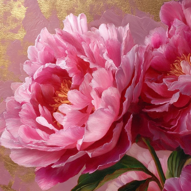 Peony Painting Close Up Pink and Gold Details
