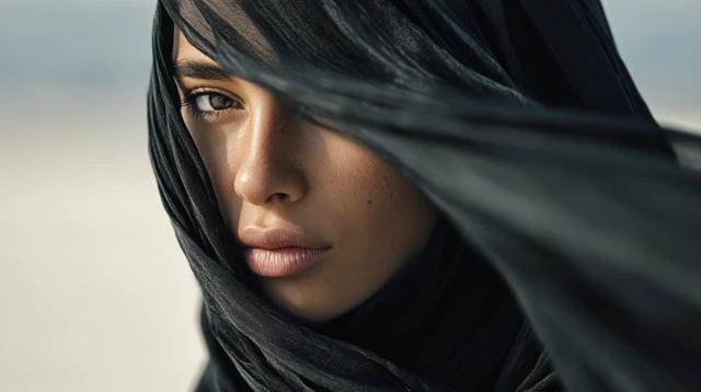 Beautiful Arabic Woman in Black Satin Portrait