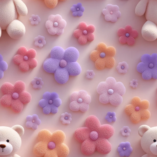 Teddy Bear and Plush Flowers Seamless Pattern 3D Render