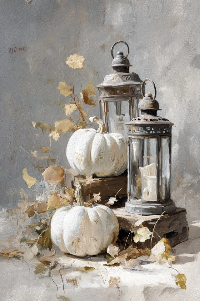 Autumn Still Life White Pumpkins Lanterns Art