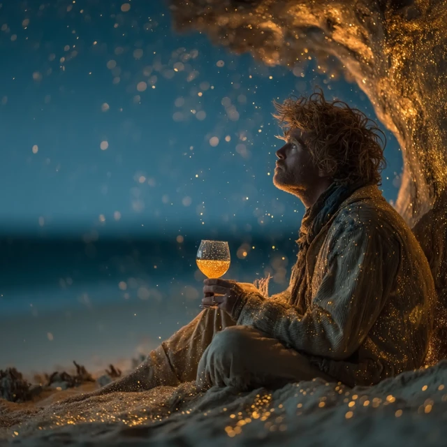 Man Drinking Wine Under Tree with Golden Light
