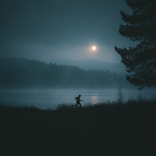 Horror Scene Silhouette Running from Foggy Lake
