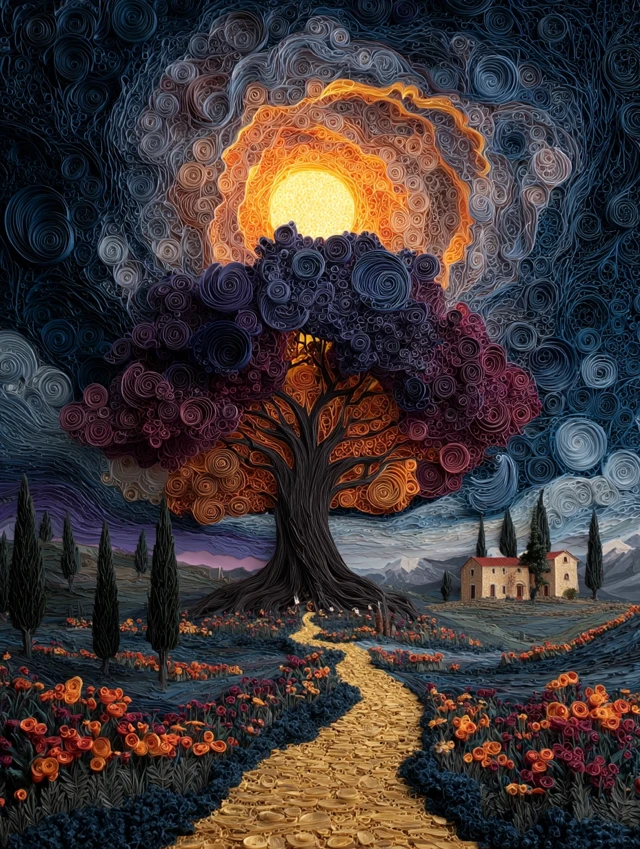 Fantasy Landscape Art Radiant Tree and Sun