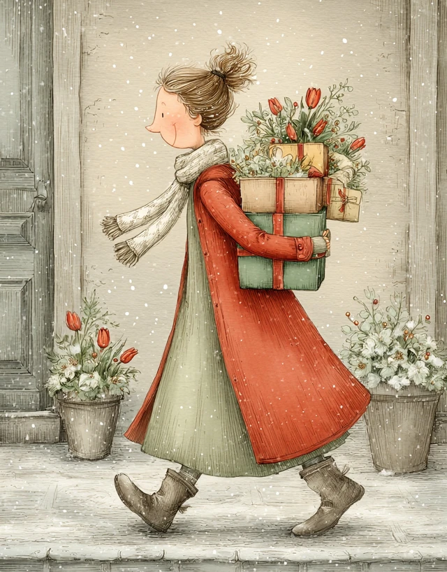 Christmas Illustration Woman Carrying Gifts