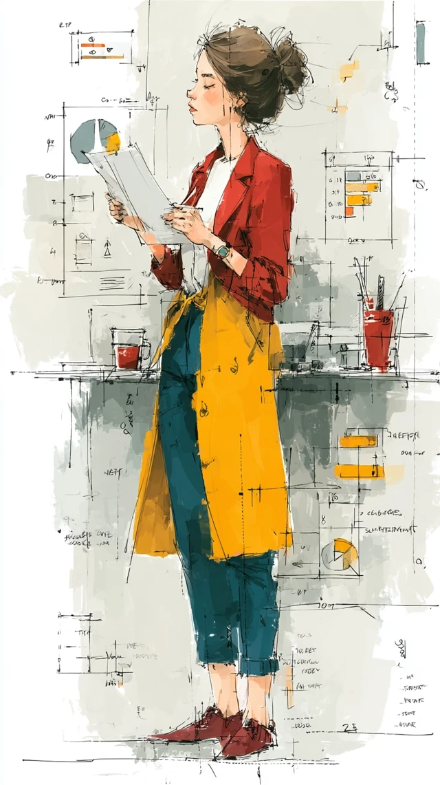 Executive Woman Reviewing Report Watercolor Art