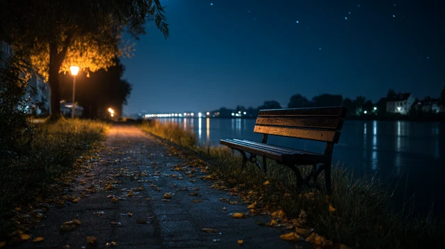 Riverside Bench at Night Cinematic Scene