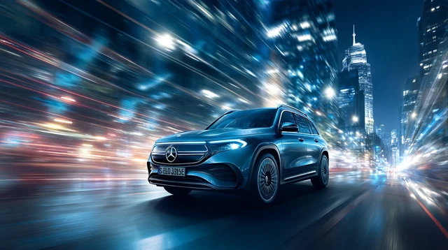 MercedesBenz EQB 260 Driving into a Futuristic City at Night
