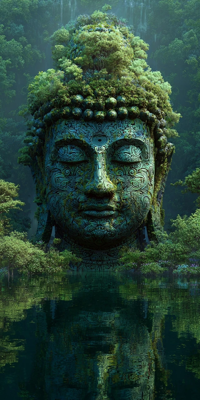 Buddha Statue with Trees Tranquil Forest Art