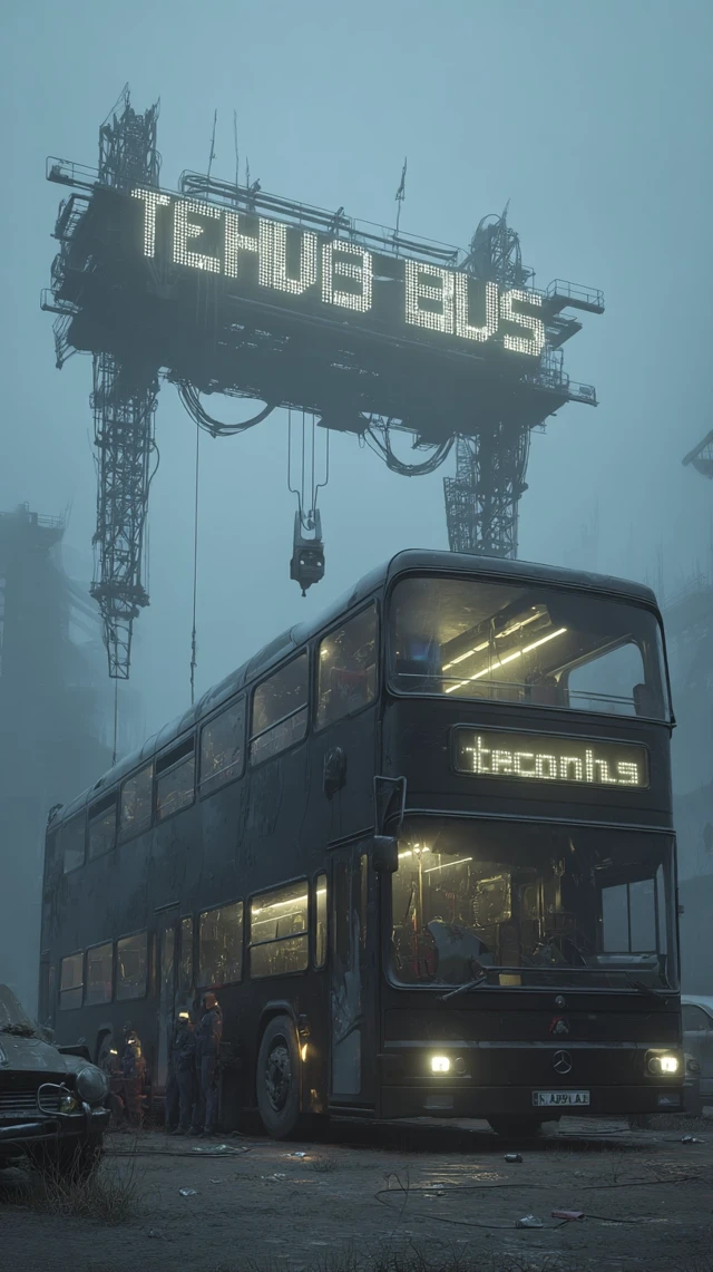 Techno Bus in Abandoned Car Dump Cyberpunk Scene