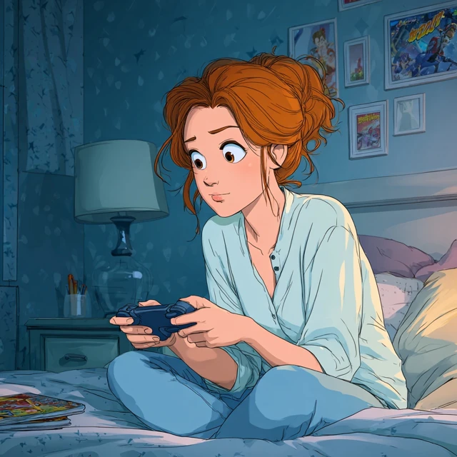 Anime Woman Playing Video Games In Her Bedroom