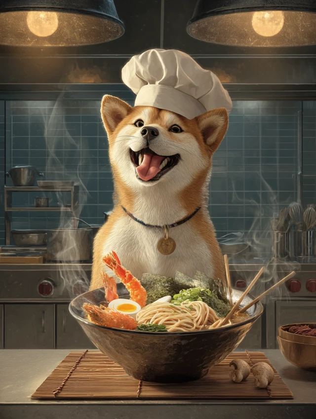Chef Shiba Inu Smiling with Udon Noodles