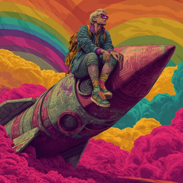 Unicorn Guy on Rainbow Rocket Space Art