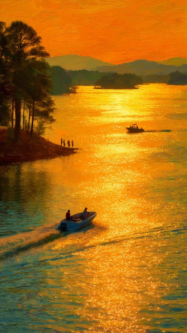 Lake Lanier Sunset Boats Glowing Water Scenic