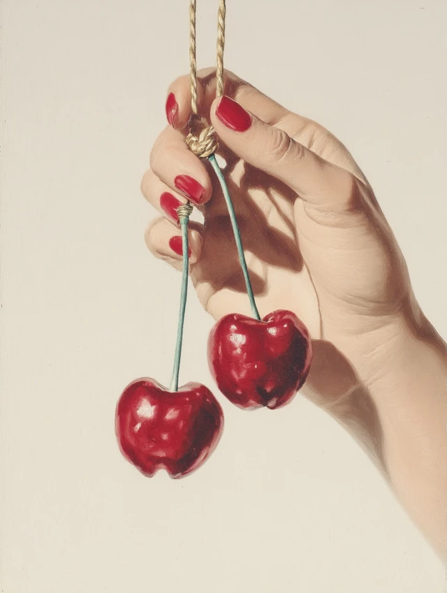 Hand Holding Cherries Pulp Art Illustration