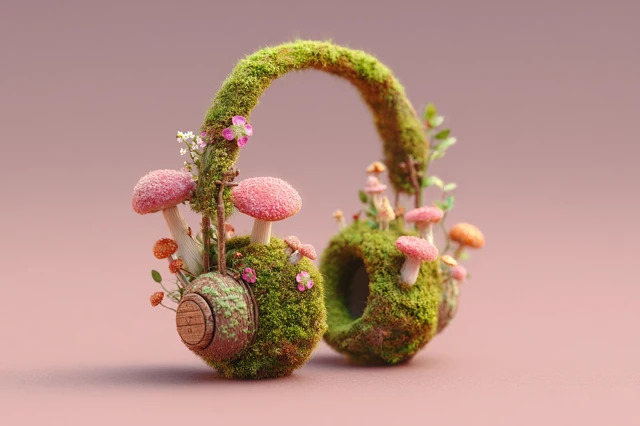Mossy Headphones Miniature Terrarium Fantasy Art