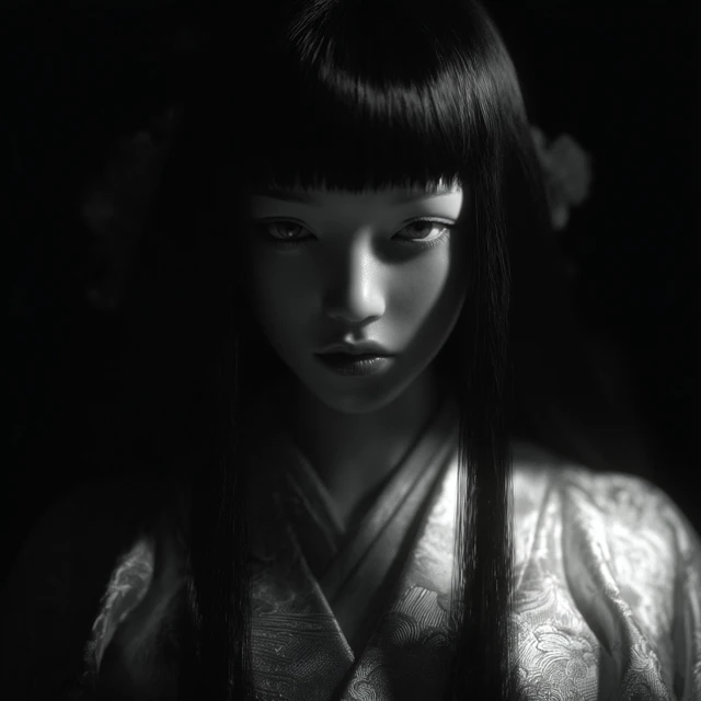 Japanese Doll Portrait Kimono Black Hair