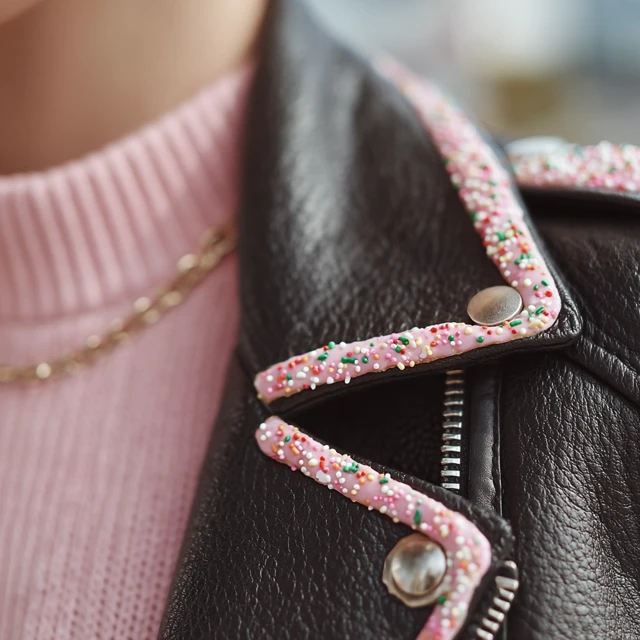 Black Leather Jacket with Doughnut Icing and Sprinkles