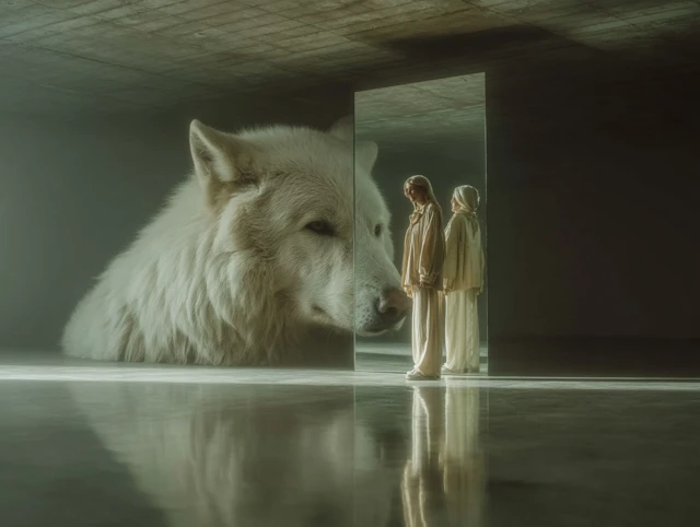 Model and White Wolf Minimalist Photography